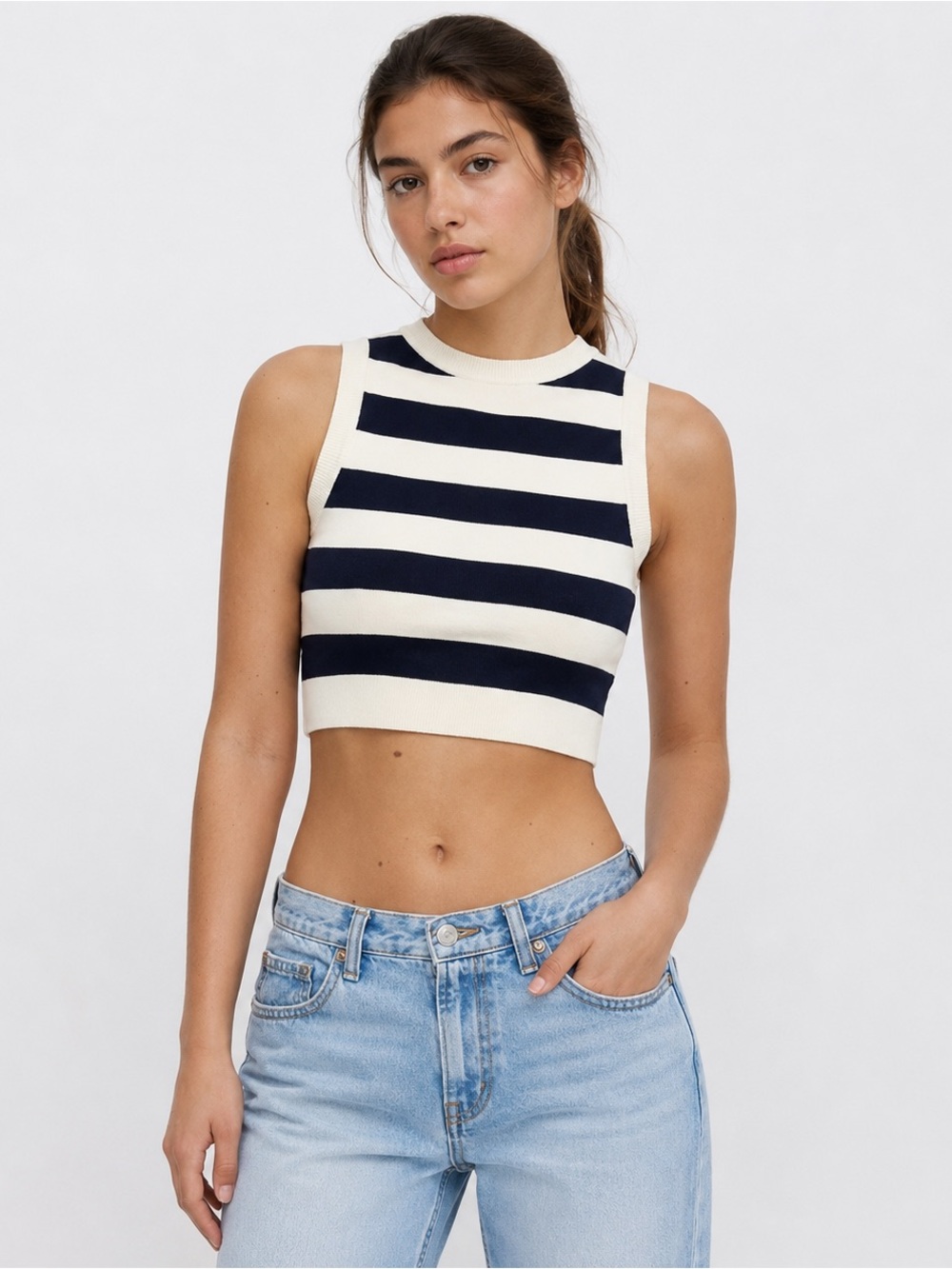Zara Striped Knit Crop Top Navy White Sleeveless Coastal Chic S Parisian
